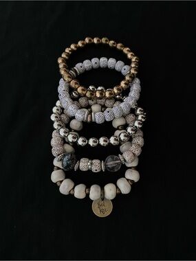 Bèl Kòz + 4 Unbranded Piece Boho Stacking Set of Stone/Faux Stone Bracelets